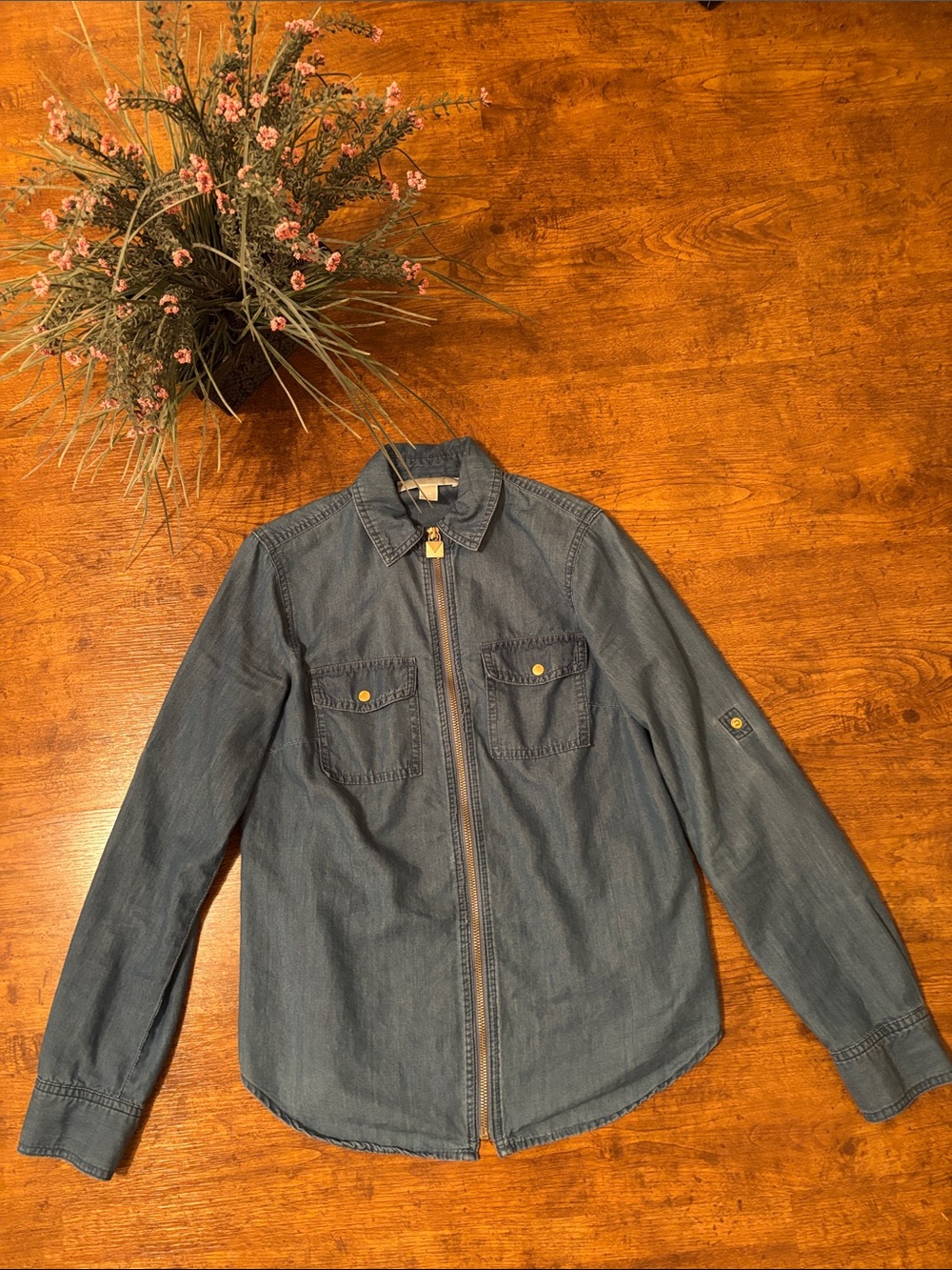 MICHAEL Michael Kors Indigo Denim Zip-Front Button Down Shirt